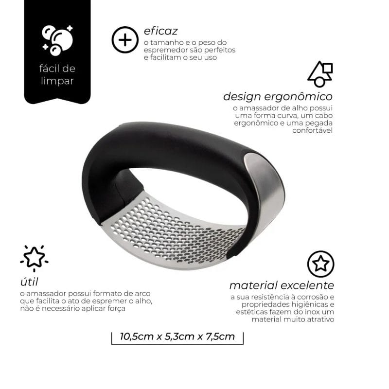 Amassador de Alho Inox | Espremedor e Triturador Ergonômico