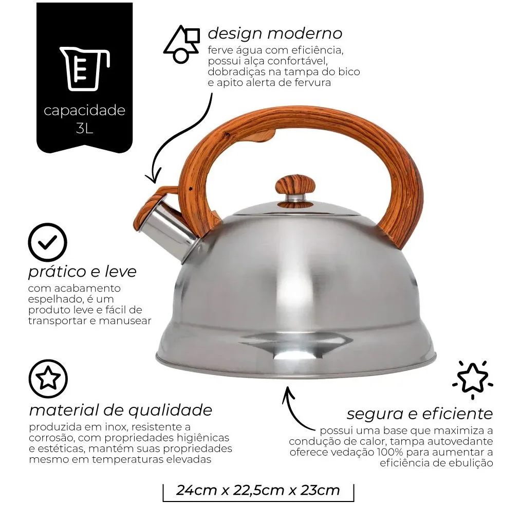 Chaleira em Inox com Alça Cor Bambu | 3L com Apito - Imagem 2