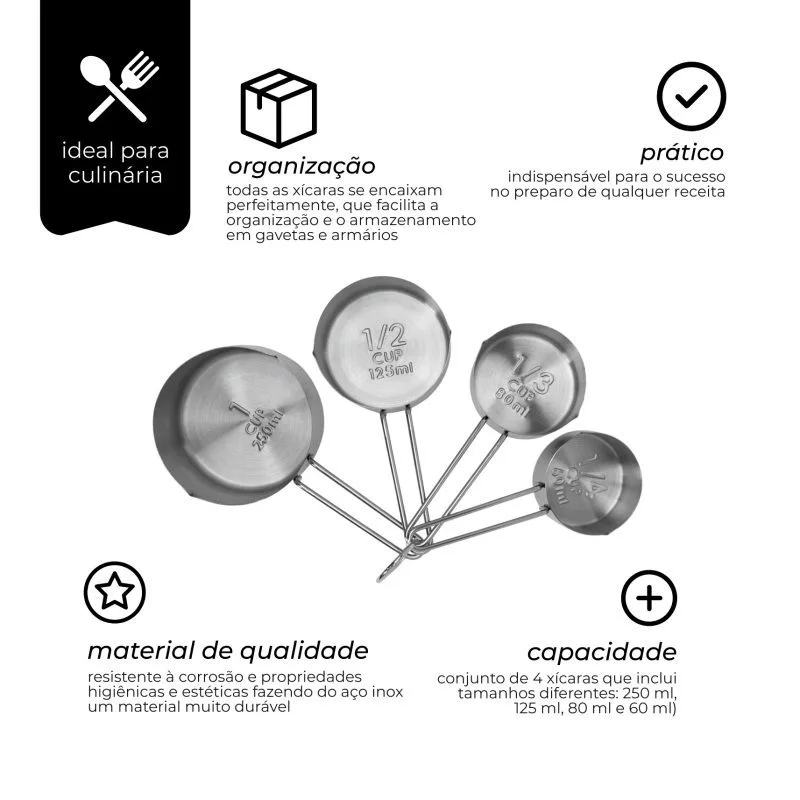 Xícaras Medidoras 4 Peças | Conjunto para Cozinha Preciso