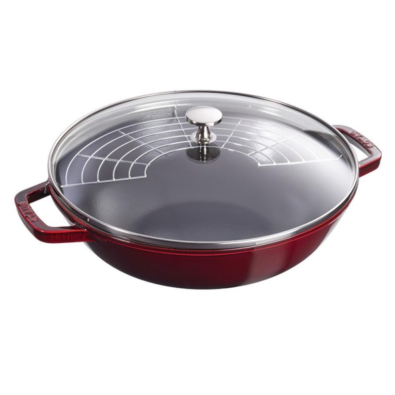 Frigideira Wok redonda com tampa de vidro 30cm vermelho granada Staub