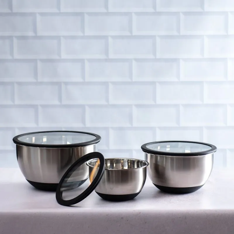 Kit de Bowls em Inox com Tampas de Vidro
