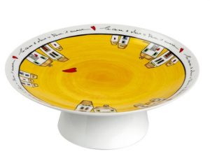 Prato de Bolo com Pé Amarelo Le Casette 27x10cm | Porcelana Decorativa Italiana