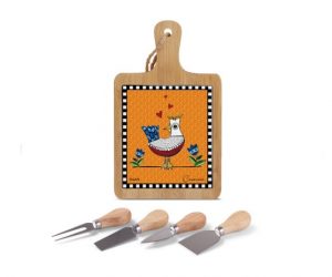 Tábua de Aperitivos 24x15cm com Facas de Queijo Cocoricó | Madeira e Cerâmica